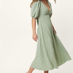 Embroidered Check Puff Sleeve Midi Tea Dress